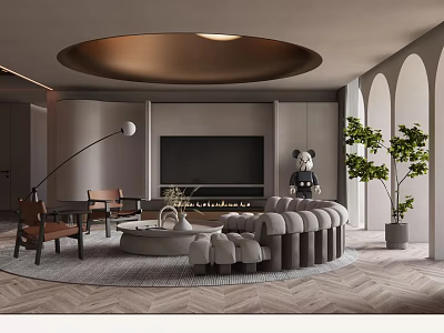 Elegant Modern Living Room Interior With Round Sofa Arched Windows Green Plants And Herringbone Flooring 3d model