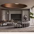 Elegant Modern Living Room Interior With Round Sofa Arched Windows Green Plants And Herringbone Flooring