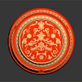 Display Shelf Showcasing Red Circular Ornament With Gold Patterns On Black Surface 3d model