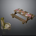 Outdoor Picnic Setup With Wooden Table Bench Stone Sink Tableware And Checkered Tablecloth