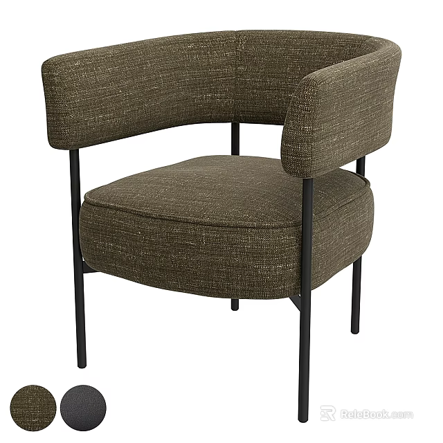 Olive Green Textured Fabric Accent Chair with Armrests and Black Metal Legs Modern Design 3d model 
