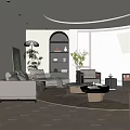 Modern Living Room Interior With Gray Sofa Round Rug Coffee Table Floor Lamp And Potted Plants