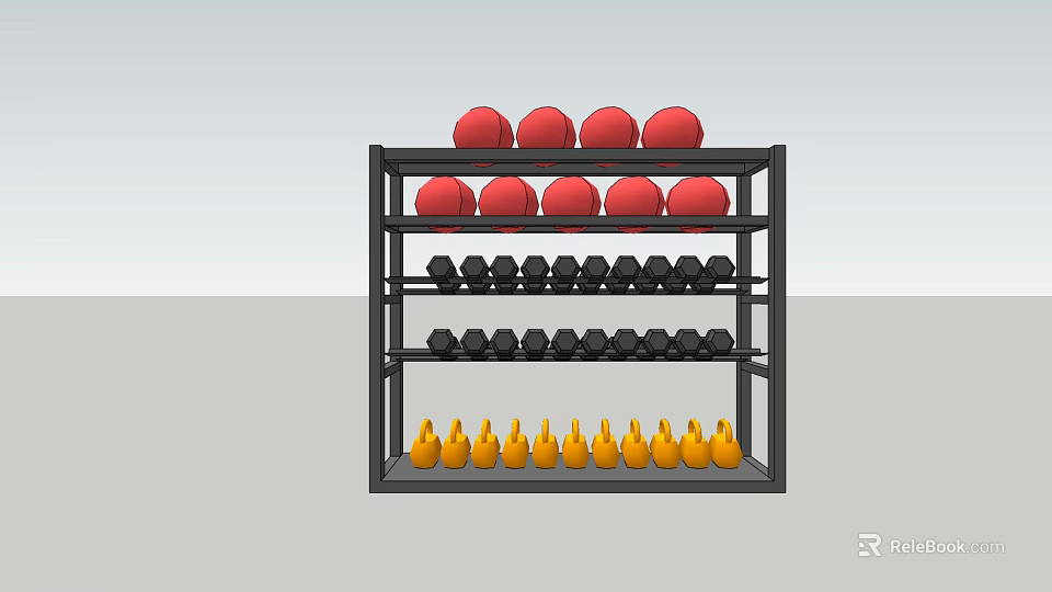 Sports Equipment Storage Rack With Red Balls Red Dumbbells Black Dumbbells And Yellow Cones 3d model 