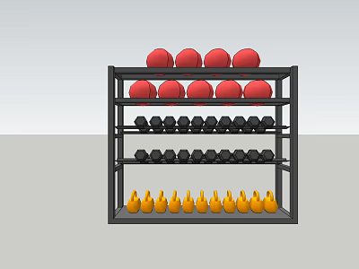 Sports Equipment Storage Rack With Red Balls Red Dumbbells Black Dumbbells And Yellow Cones 3d model