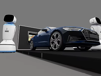 Modern Automotive Scene with Blue Audi Car White Robots Display Platform and Screen 3d model
