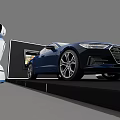 Modern Automotive Scene with Blue Audi Car White Robots Display Platform and Screen