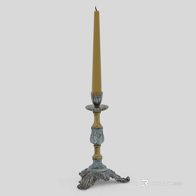 Classic Decorative Candle Lamp With Ornate Metal Base And Carved Column Stand 3d model 