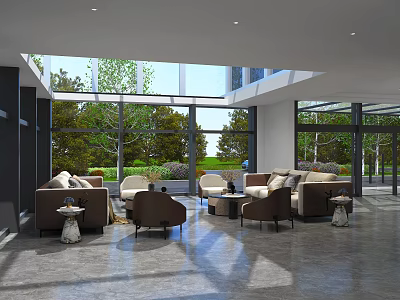 Modern Sales Office Spacious Interior With Large Windows Green Landscape Sofas And Chairs 3d model