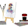 Watercolor Art Tools With Canvas Easel Brushes Paints And Musical Notes