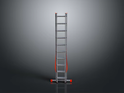 Sturdy Metal Upright Ladder With Orange Steps And Rolling Wheels For Safety 3d model