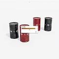 Four Black And Red Oil Drums With Oil Labels On White Surface