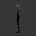 Futuristic 3D Character Model With Gray Hair Blue Silver Suit Arms Outstretched