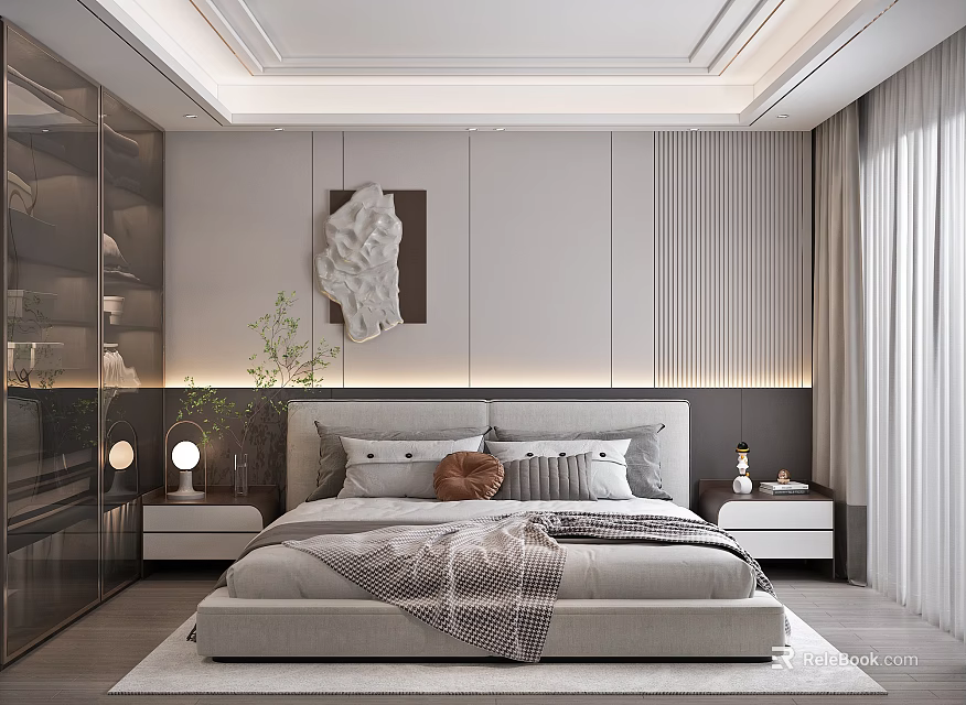 Modern Minimalist Bedroom Interior With Bedhead Design Decorative Artwork Pillows And Curtains 3d model 