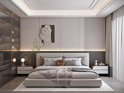 Modern Minimalist Bedroom Interior With Bedhead Design Decorative Artwork Pillows And Curtains 3d model