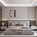 Modern Minimalist Bedroom Interior With Bedhead Design Decorative Artwork Pillows And Curtains