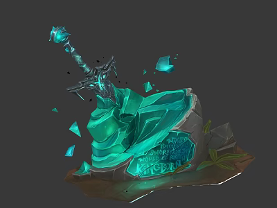 Blue Glowing Sword Embedded in Green Rock with Shattered Crystals Carved Inscriptions and Base Plants 3d model