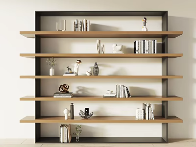 Wooden and Metal Shelving Unit with Books Decorative Items and Small Plants for Home Decor 3d model