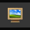 Retro Computer Monitor With Wooden Frame Displaying Blue Sky White Clouds Green Field Background