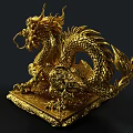 Golden Dragon Shaped Decorative Ornament With Intricate Carvings And Square Base