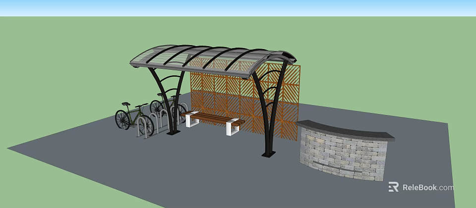 Modern Outdoor Canopy with Bike Racks Bench Bamboo Screen and Stone Wall 3d model 