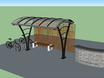 Modern Outdoor Canopy with Bike Racks Bench Bamboo Screen and Stone Wall 3d model