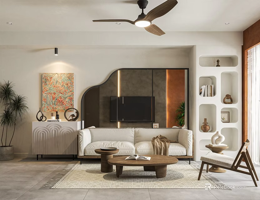 Modern Living Dining Room Interior With Beige Sofa Coffee Table TV Decorative Artwork And Plants 3d model 