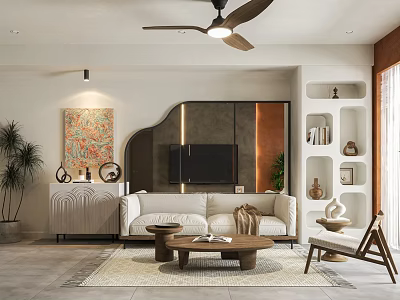 Modern Living Dining Room Interior With Beige Sofa Coffee Table TV Decorative Artwork And Plants 3d model