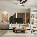 Modern Living Dining Room Interior With Beige Sofa Coffee Table TV Decorative Artwork And Plants
