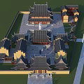Ancient Chinese Architectural Complex With Courtyard Stone Pavement Curved Eaves And Central Statue