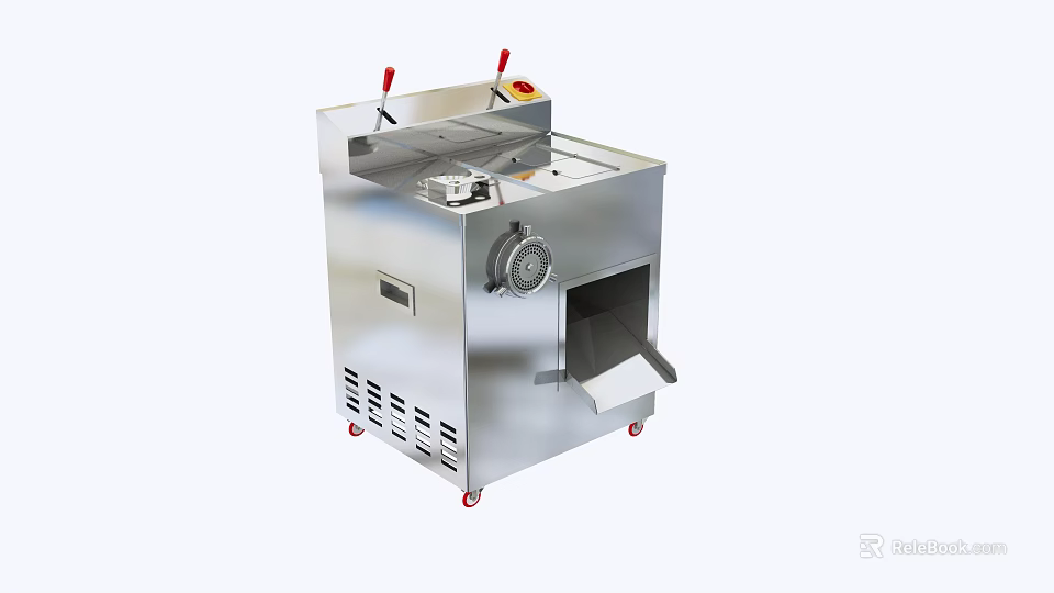 Canteen Commercial Stainless Steel Meat Slicer Machine with Red Handles and Wheels 3d model 