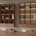 Modern Wooden Bookcase With Shelves Books Vases Decorative Items Patterned Panels And Lighting