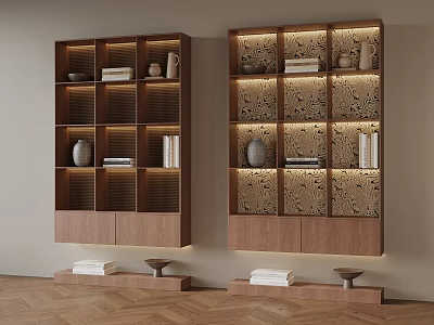 Modern Wooden Bookcase With Shelves Books Vases Decorative Items Patterned Panels And Lighting 3d model