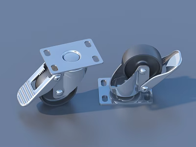 Heavy Duty Metal Casters With Brake Pedal And Black Rubber Wheels 3d model