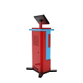 Red And Blue Interactive Kiosk With Touchscreen Display And Modern Design