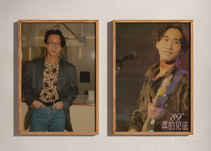 Two Male Portrait Paintings With Recording Equipment And Guitar In Frames 3d model 