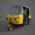 Vintage Yellow Green Black Tuk Tuk With Black Canopy Windshield And Yellow Wheels
