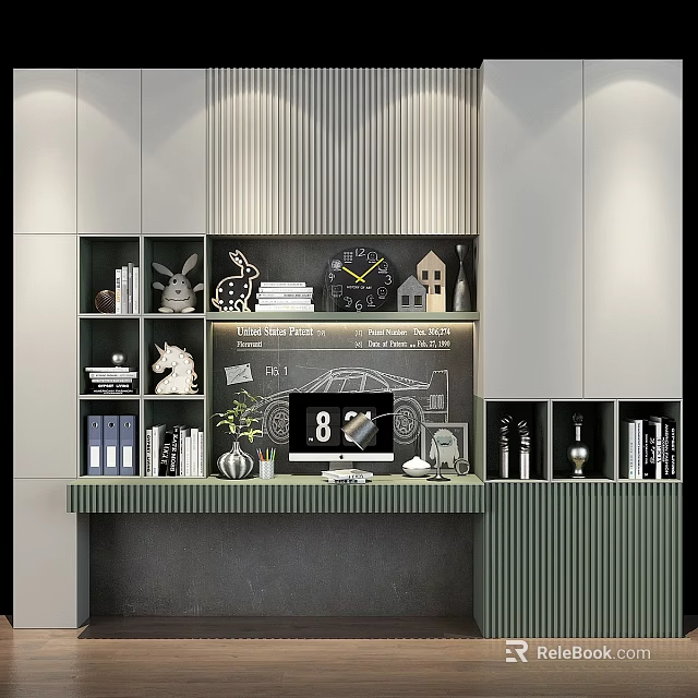 Modern Wardrobe With Vertical Stripes Open Shelves And Decorative Items Like Books Clock Blackboard 3d model 