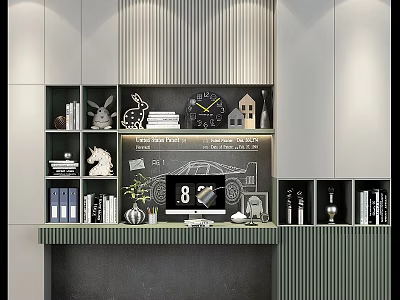 Modern Wardrobe With Vertical Stripes Open Shelves And Decorative Items Like Books Clock Blackboard 3d model