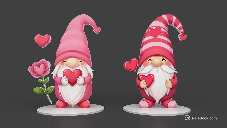 Game and Movie Characters Wearing Pink Red White Striped Hats Holding Hearts And Pink Flower 3d model 