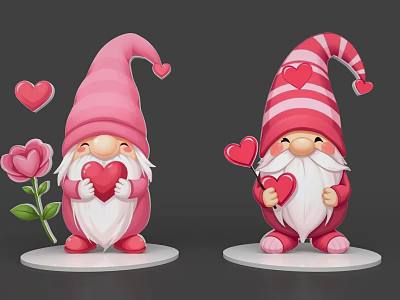 Game and Movie Characters Wearing Pink Red White Striped Hats Holding Hearts And Pink Flower 3d model