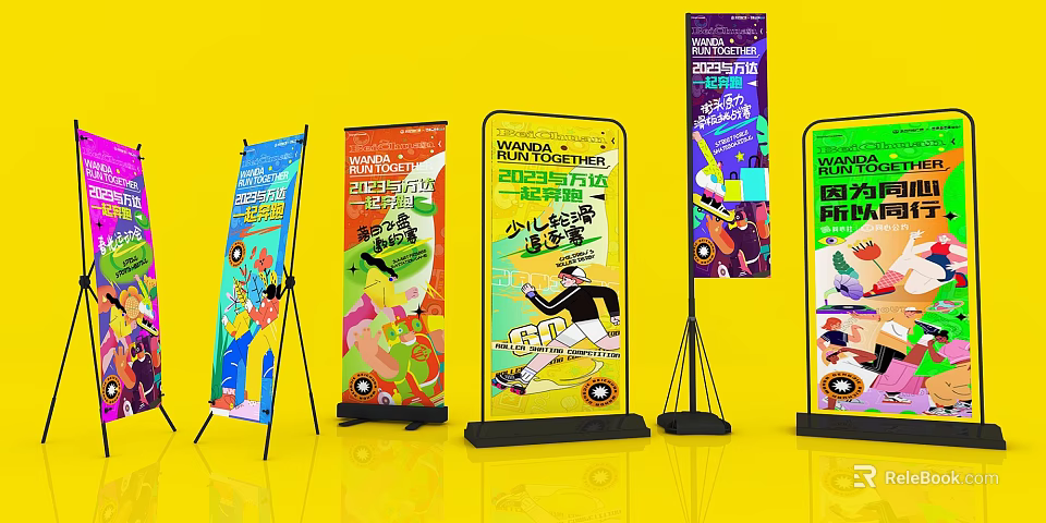 Colorful Banner Stands As Wall Decorations On Yellow Background 3d model 