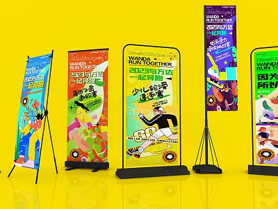 Colorful Banner Stands As Wall Decorations On Yellow Background 3d model