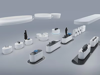 Modern Technology Exhibition Hall With Interactive Displays White Stands And Visitor Figures 3d model