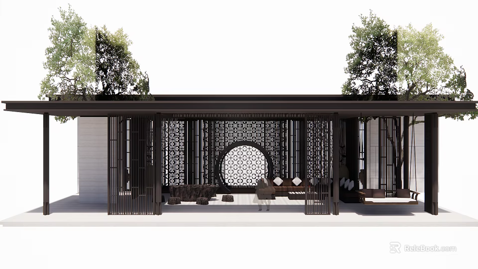 Traditional Chinese Garden Space Featuring Wooden Lattice Screens Circular Ornament Seating And Trees 3d model 