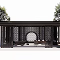 Traditional Chinese Garden Space Featuring Wooden Lattice Screens Circular Ornament Seating And Trees