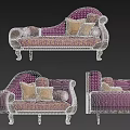 Elegant Purple Two-Seater Sofa With Gold Floral Pattern Gold Cushions And Wooden Legs