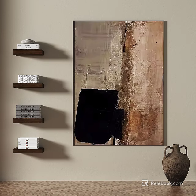 Large Textured Abstract Painting With Neutral Brown Black Tones On Living Room Wall 3d model 