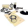 Vintage Desktop Decorative Ornament Set With Clock Pencil Holder Magnifying Glass And Seal Stamp