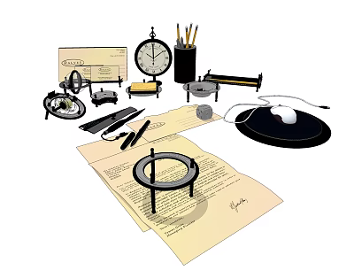 Vintage Desktop Decorative Ornament Set With Clock Pencil Holder Magnifying Glass And Seal Stamp 3d model