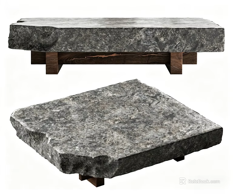 Natural Stone Coffee Table With Rustic Textured Surface And Wooden Base For Modern Living Room 3d model 